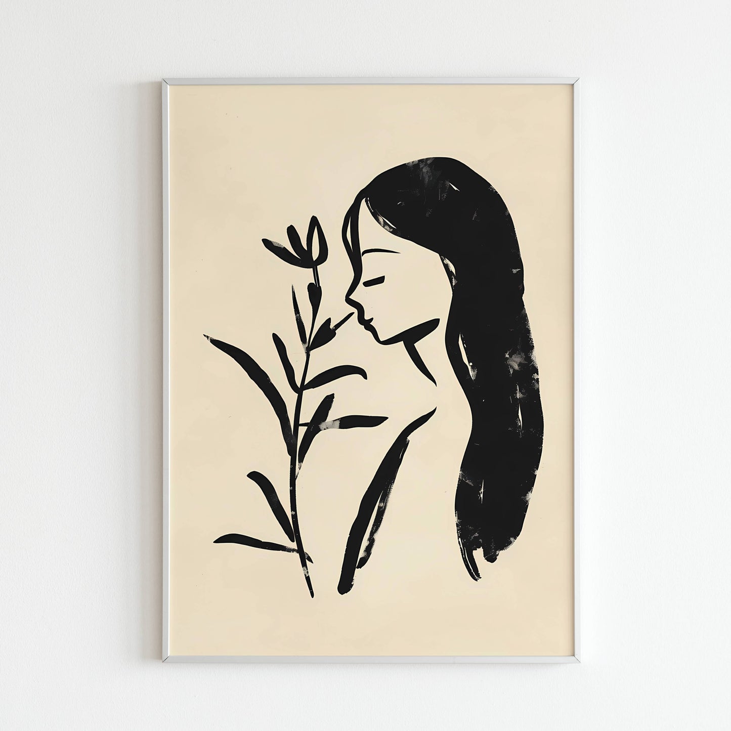 Girl Holding Flowers Abstract Art close-up of printable wall art poster. Focus on the colors and composition.