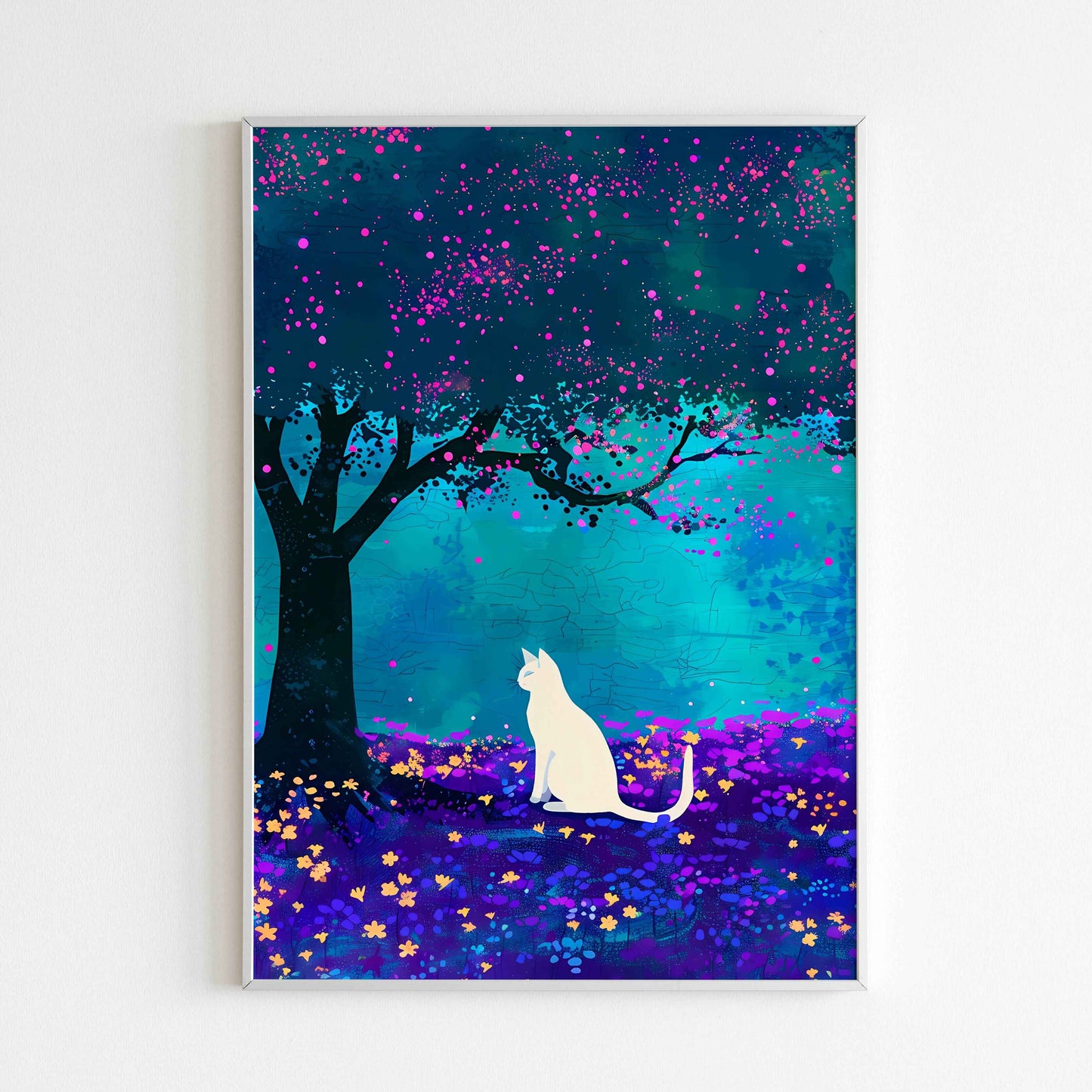 Cat's Dreaming Oak(3 of 3) printable poster. The End of the Dream (Part 3 of 3). The cat awakens from its fantastical adventure within the oak tree (conclusion). Available for purchase as a physical poster or digital download.