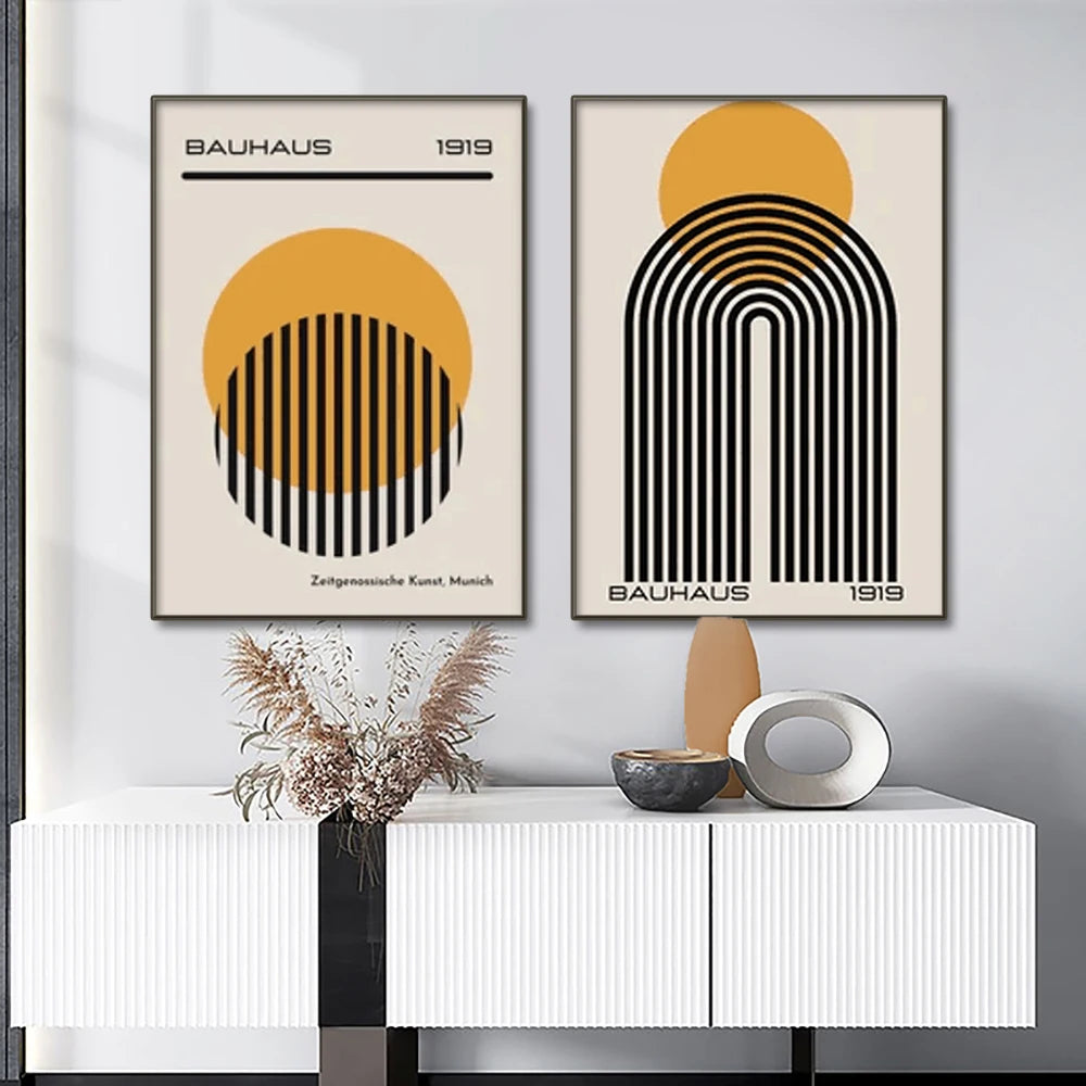 Bauhaus-inspired geometric posters in retro colors for a stylish gallery wall