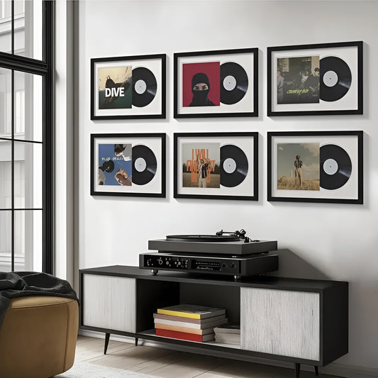 Vinyl record frames with sleek black finish for music enthusiasts