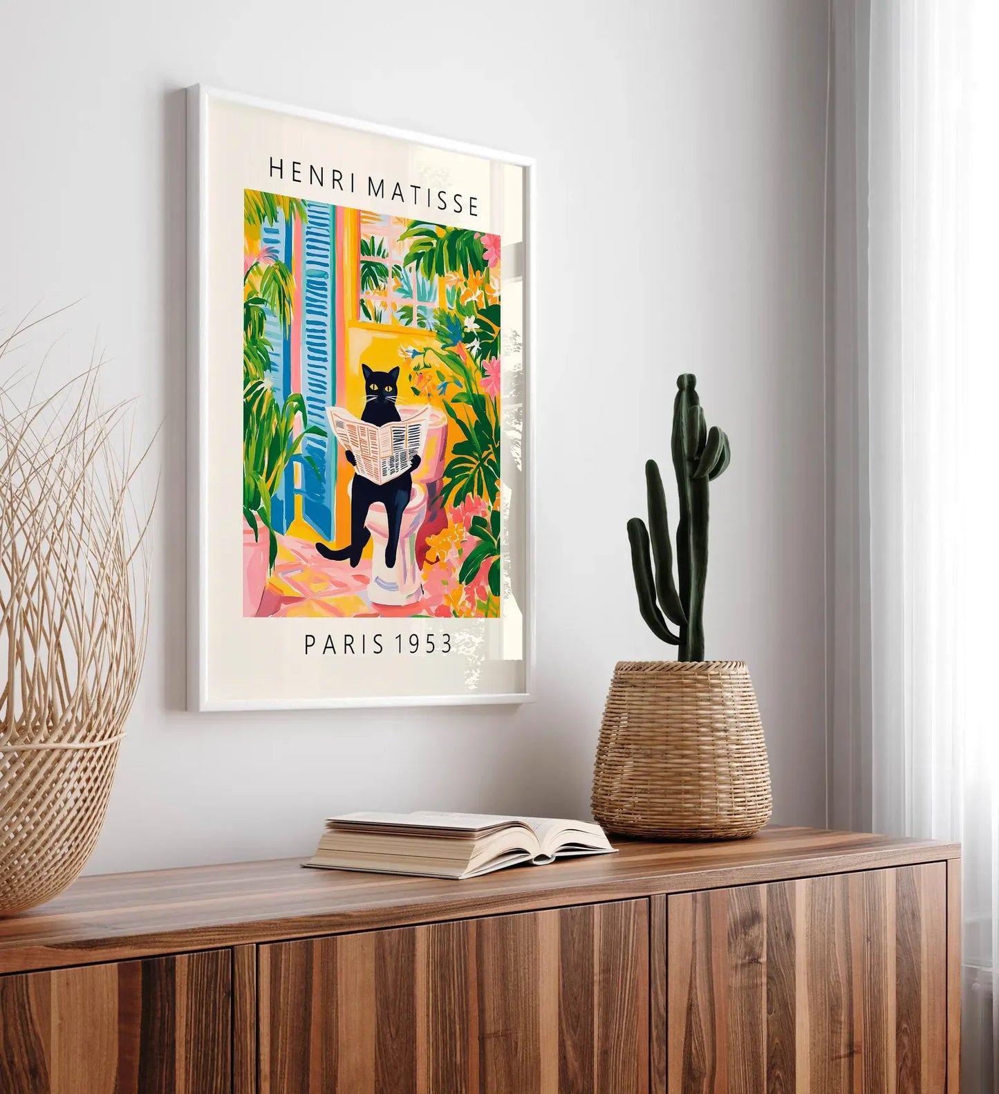Humorous bathroom canvas poster with Matisse-style pink tropical design