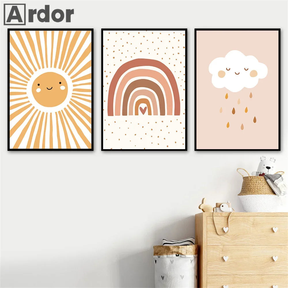 Boho Rainbow Cloud Moon Sun Heart Nursery Poster