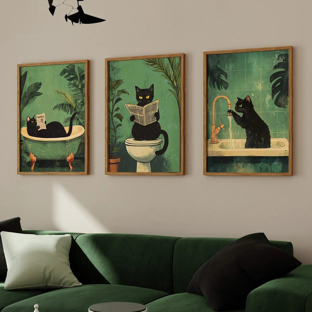 Set of 3 Funny Black Cat Bathroom Canvas Prints