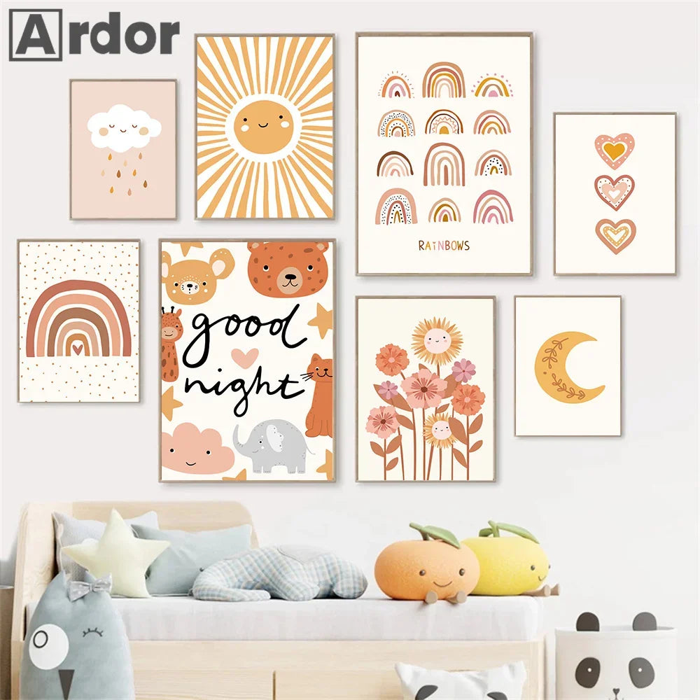 Boho Rainbow Cloud Moon Sun Heart Nursery Poster