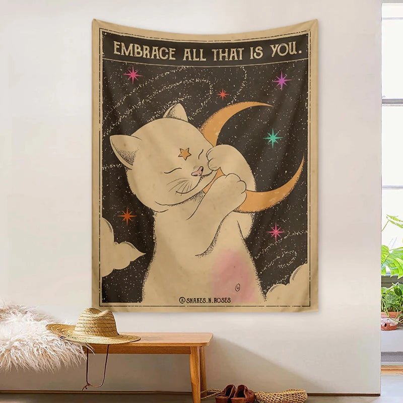Tarot Cat Tapestry, Moon Phase Sun Universe Starry Sky Tapestry
