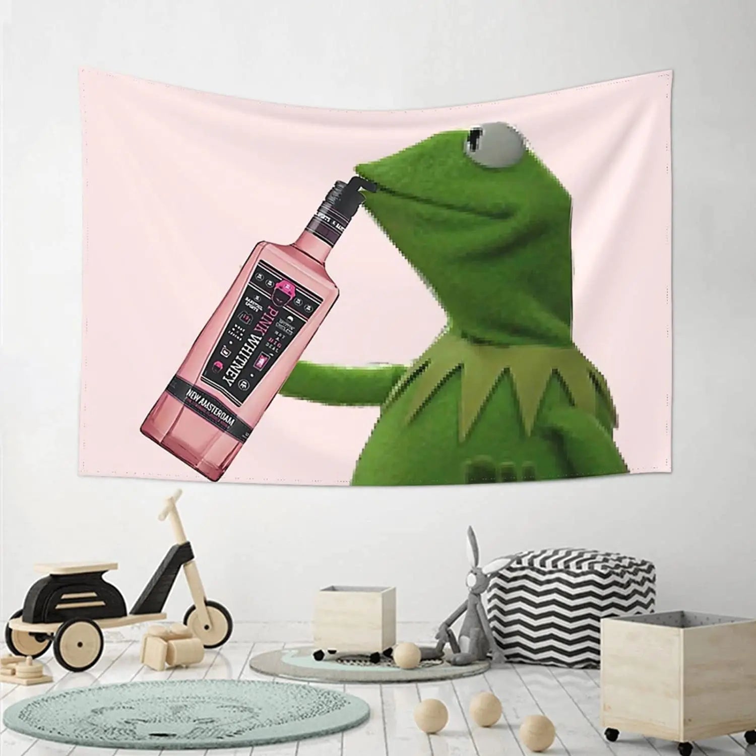 Funny cartoon frog drinking water on soft pink wall hanging
