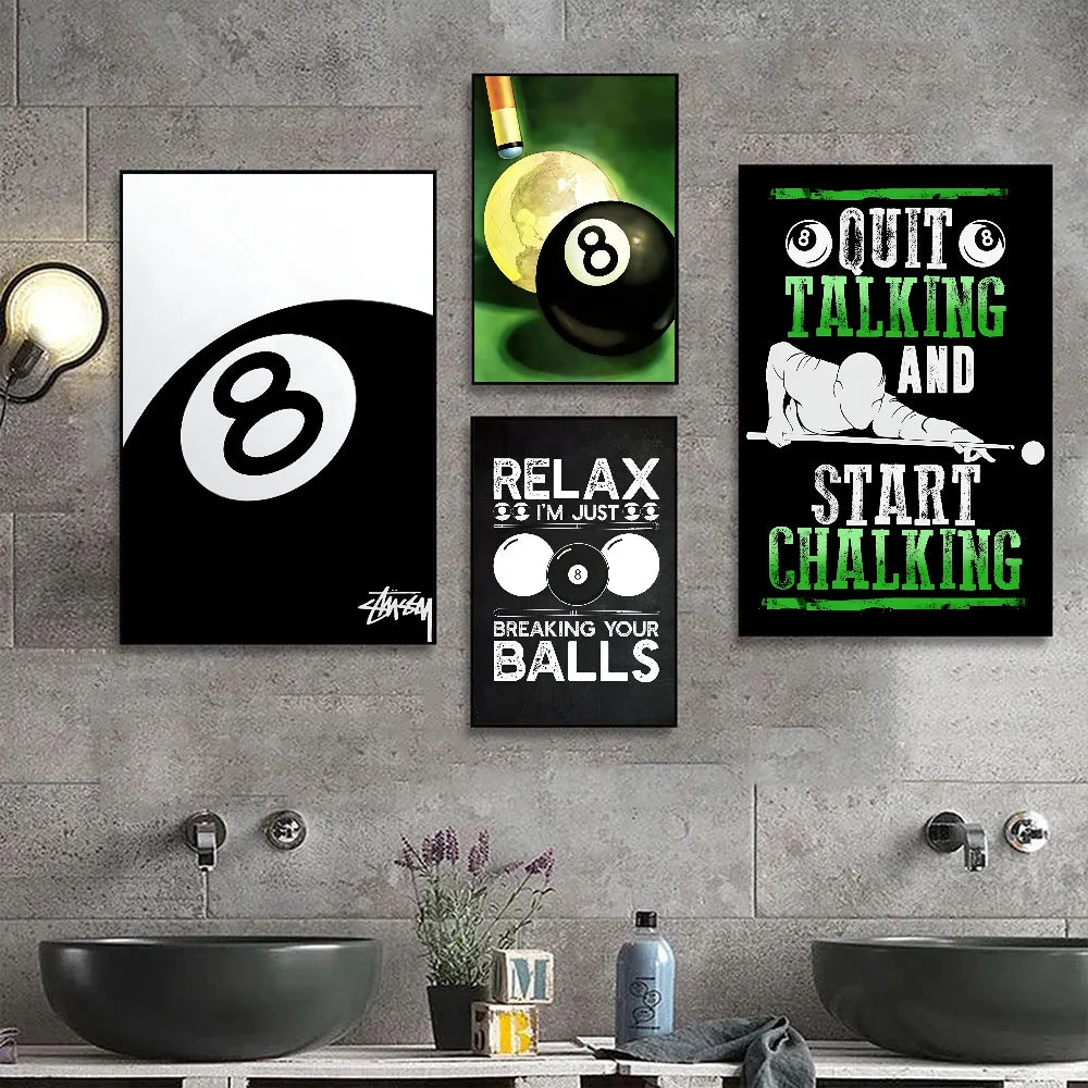 Classic black and white No.8 billiard ball art print for bedroom