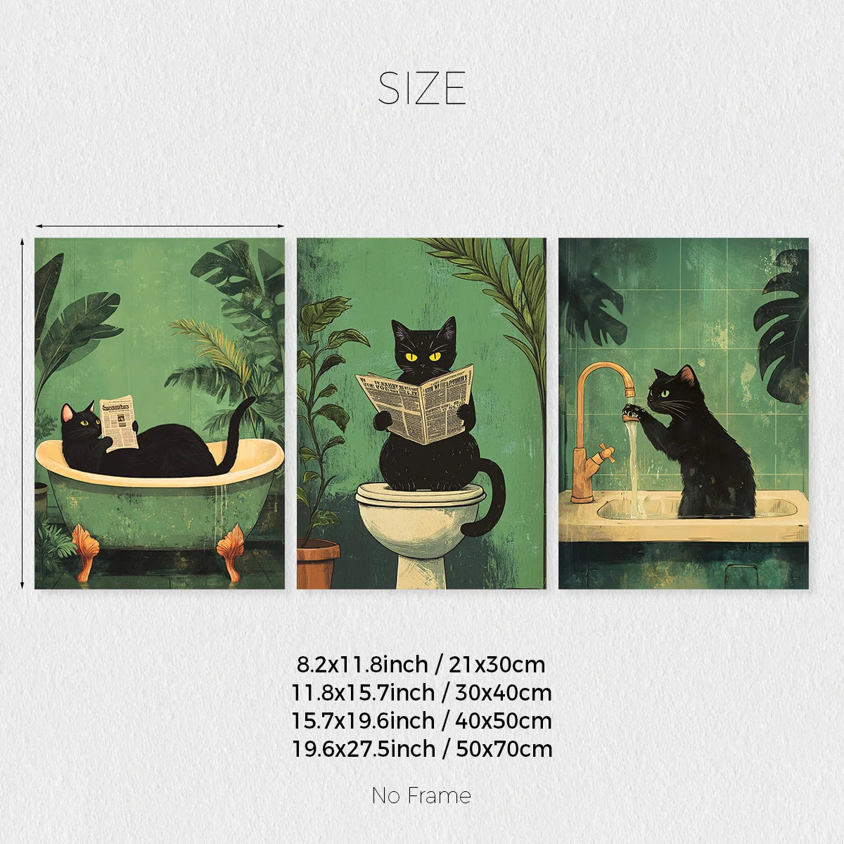 Set of 3 Funny Black Cat Bathroom Canvas Prints