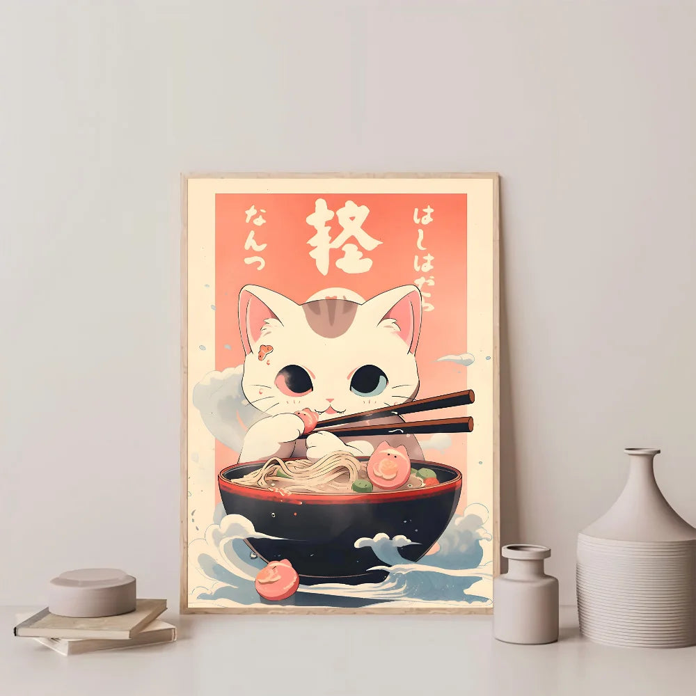 Kawaii Japanese Ramen Animal Cat Poster