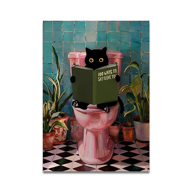 Bathroom Cat Reading on Toilet Poster