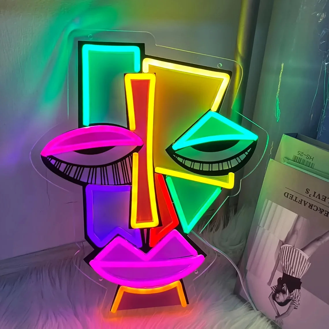 Abstract Face Neon Wall Decoration UV Printed Art Lighting for Bars Clubs Home Game Rooms and Offices Unique Birthday Gift Ideas