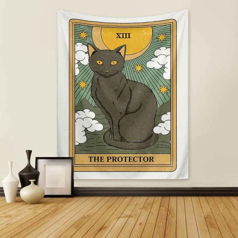 Tarot Cat Tapestry, Moon Phase Sun Universe Starry Sky Tapestry