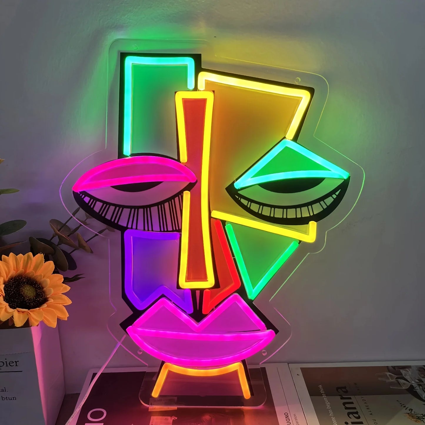 Abstract Face Neon Wall Decoration UV Printed Art Lighting for Bars Clubs Home Game Rooms and Offices Unique Birthday Gift Ideas