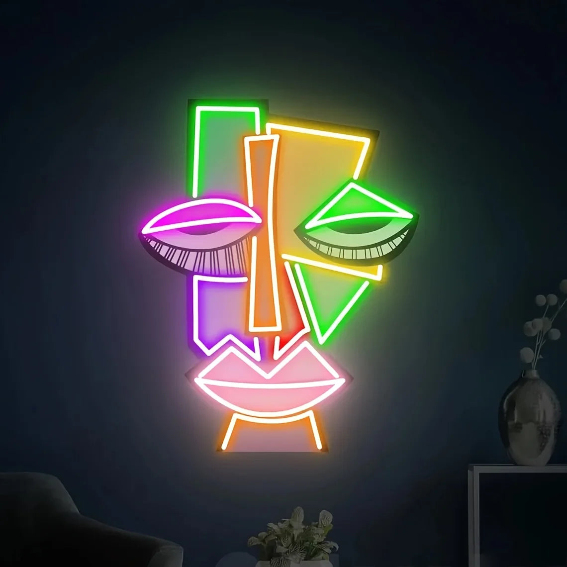 Abstract Face Neon Wall Decoration UV Printed Art Lighting for Bars Clubs Home Game Rooms and Offices Unique Birthday Gift Ideas