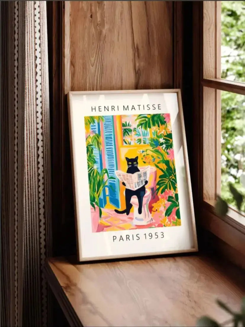 Black cat on toilet, Bathroom wall art