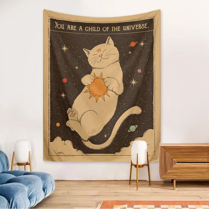 Tarot Cat Tapestry, Moon Phase Sun Universe Starry Sky Tapestry