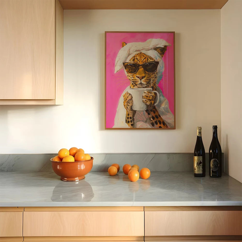 Colorful dopamine decor leopard drinking coffee canvas painting