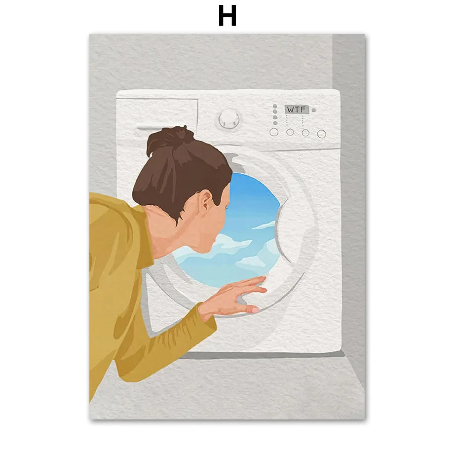 Laundry Girl Washing Machine Bathtub Eclectic Poster