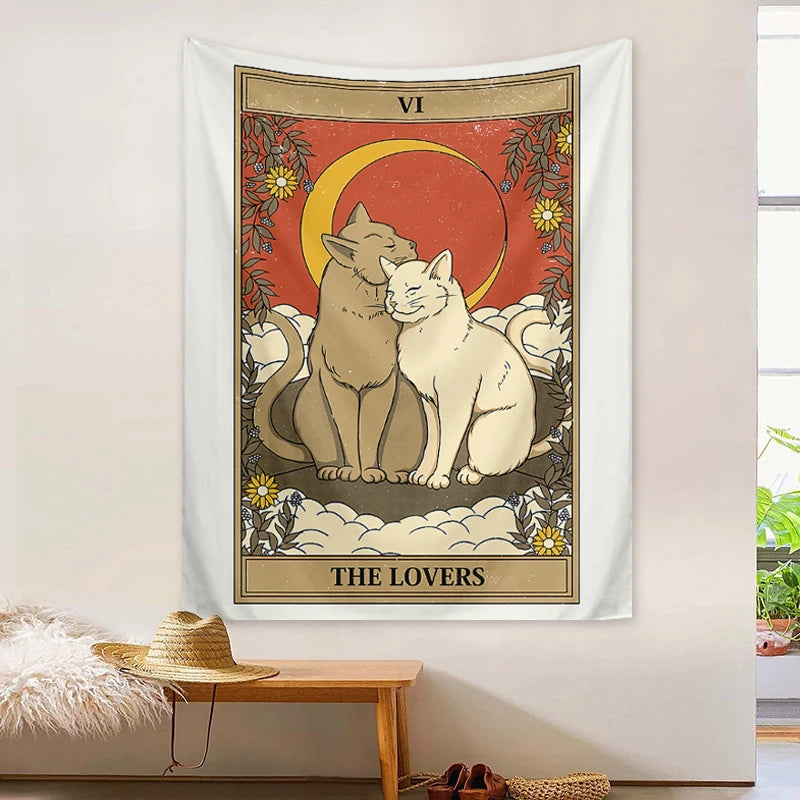 Tarot Cat Tapestry, Moon Phase Sun Universe Starry Sky Tapestry