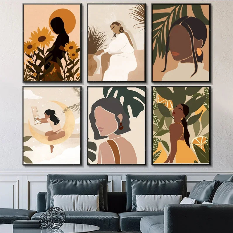 Abstract African woman flower poster wall art for study room decor