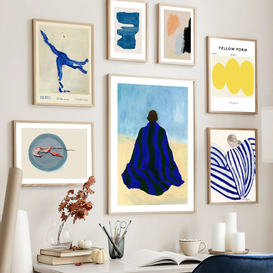 Abstract vase and girl artwork blue striped wall decor