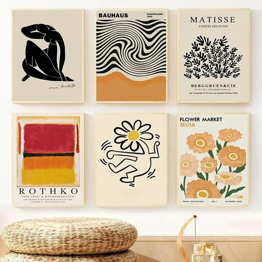 Abstract Yayoi Kusama orange wall art with modern Matisse and Mark Rothko influence