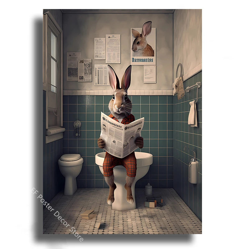 Comical artwork of animal using bathroom with newspaper