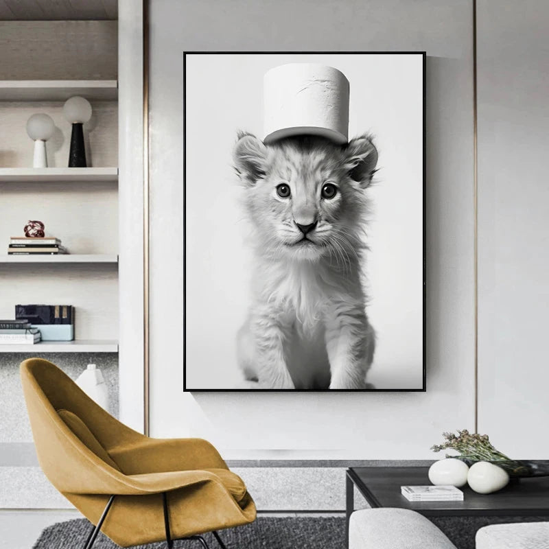 Bathroom funny wall art with cute animals and tissue roll