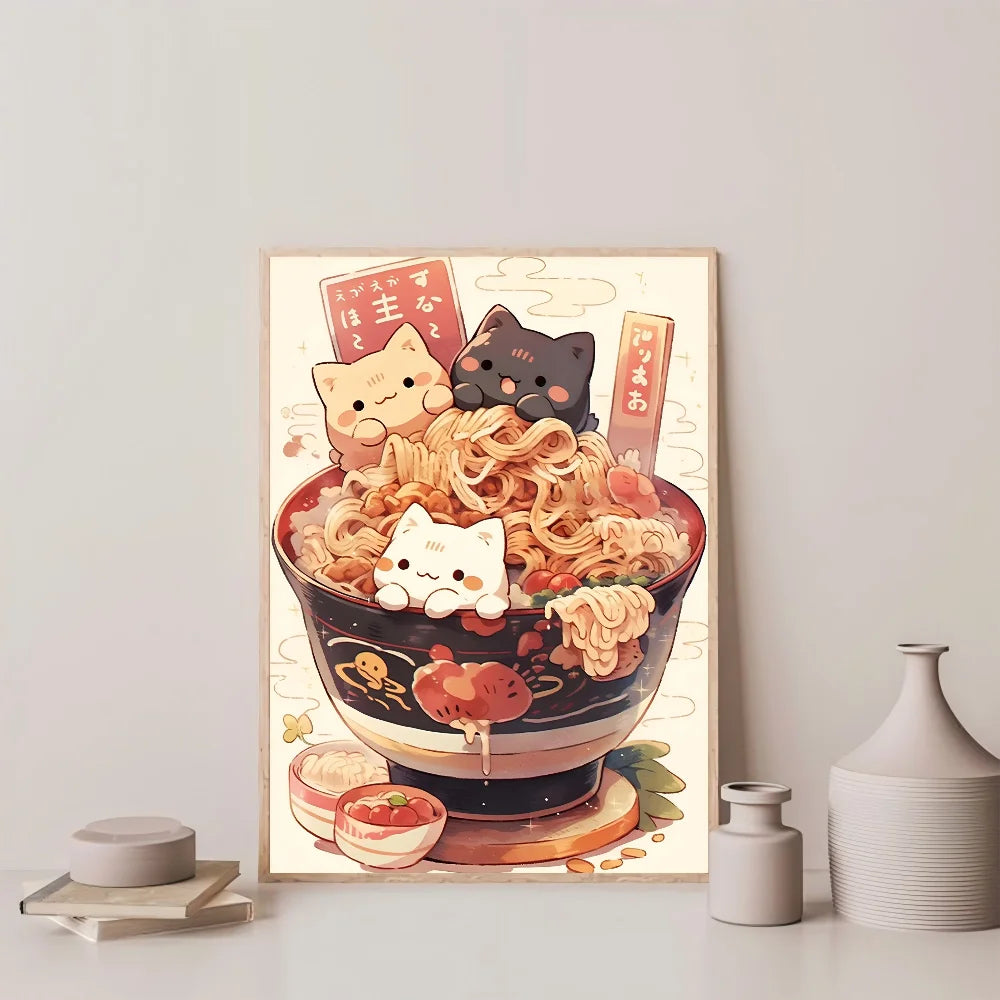 Funny animal eating ramen poster for cafe and noodle shop wall