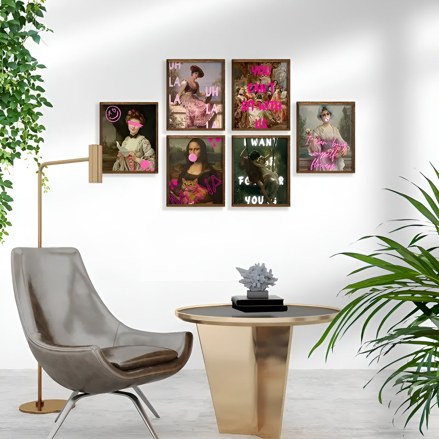 Antique mood-inspired art prints featuring Renaissance girls with bubble gum and motivational quotes.