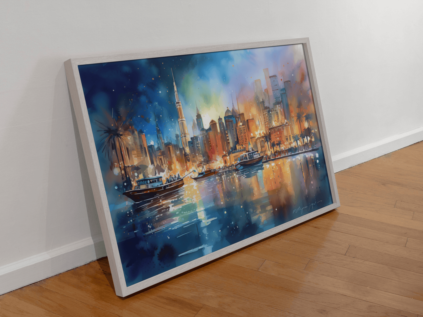 Nightscapes of Dubai Watercolor Print - Matte Canvas