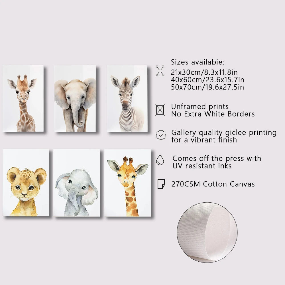 Adorable jungle animal wall art prints for children's bedroom