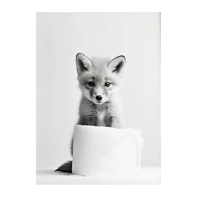 Animal-themed bathroom poster with toilet paper illustration