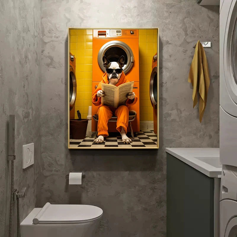 Bathroom wall decor with funny animal prints panda elephant chimpanzee art