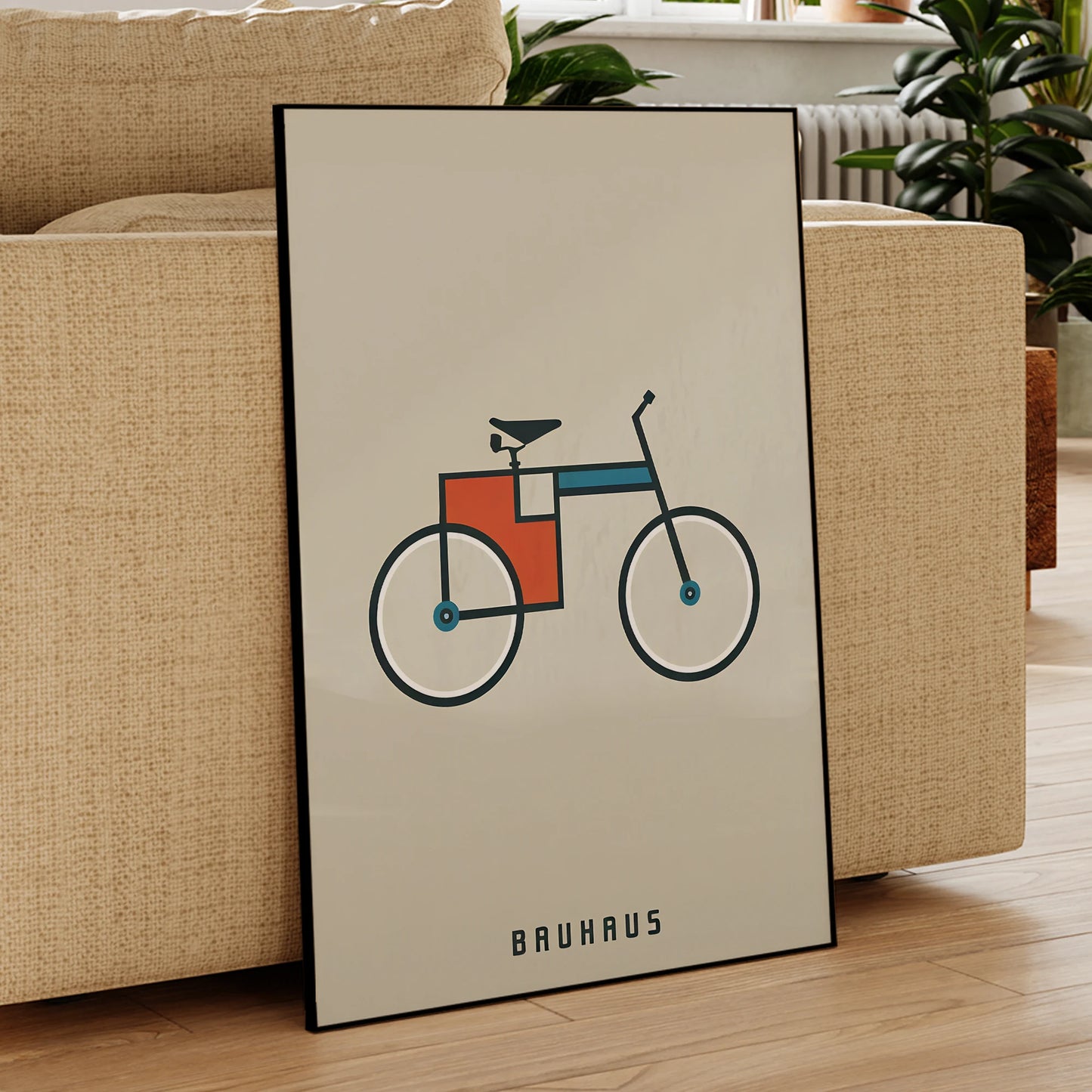 Geometric line bicycle poster in Bauhaus retro style