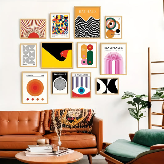 Set of 12 Bauhaus-inspired abstract geometric posters
