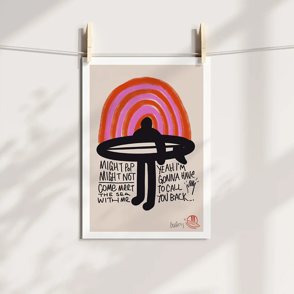 Abstract beach wall art with rainbow surfboard and retro style