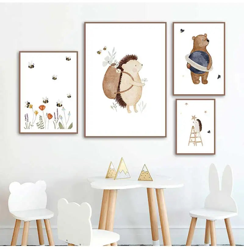 Bee and bear cartoon canvas art prints for baby nursery walls
