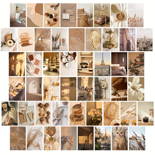 Aesthetic beige boho wall collage kit with 50 trendy VSCO posters