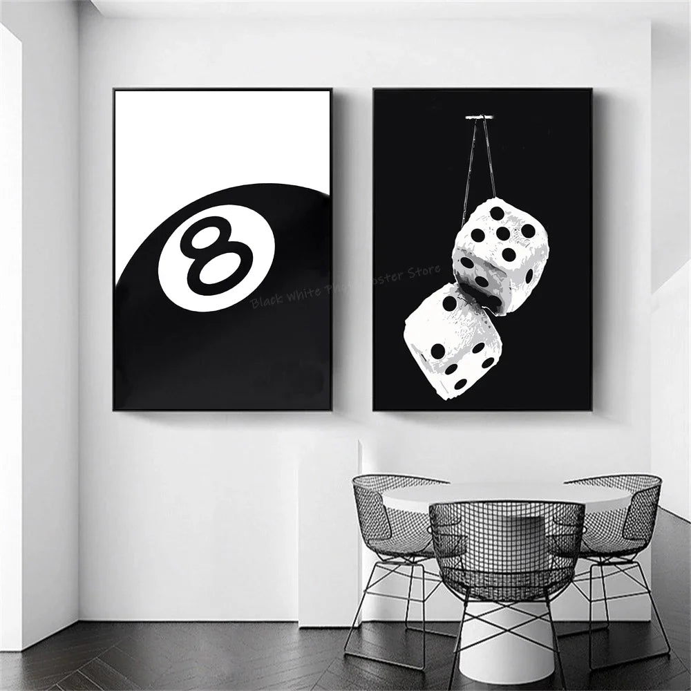 black and white billiards poster for living room