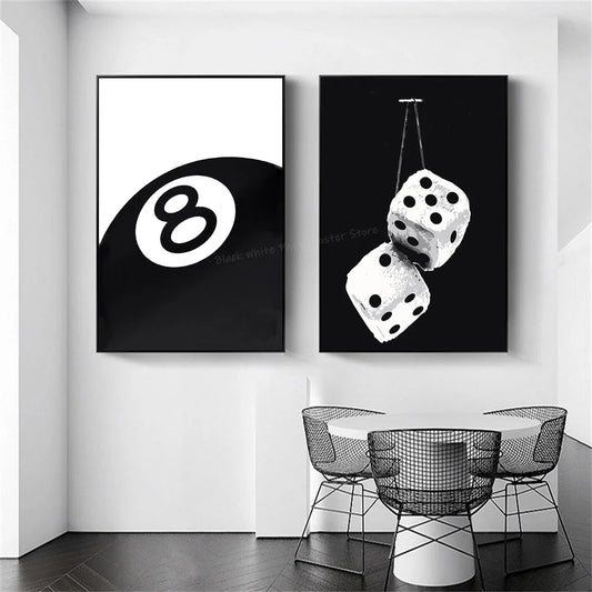 black and white billiards poster for living room