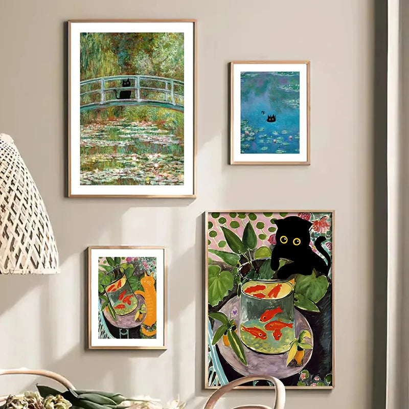 Colorful black cat modern art with Matisse Monet Van Gogh sunflowers poster for home decor