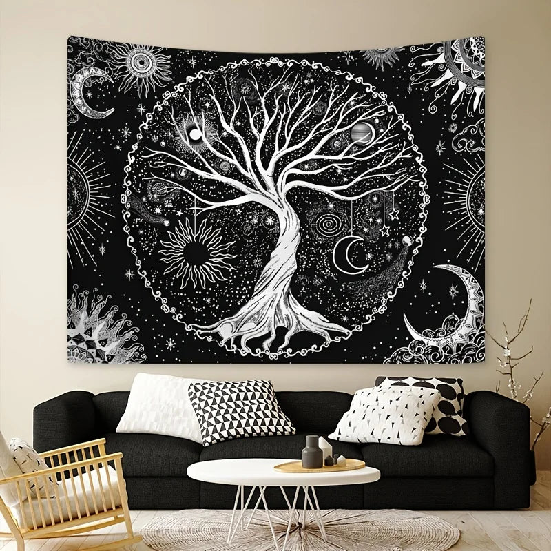 Beautiful psychedelic tree of life tapestry with boho sun and moon elements