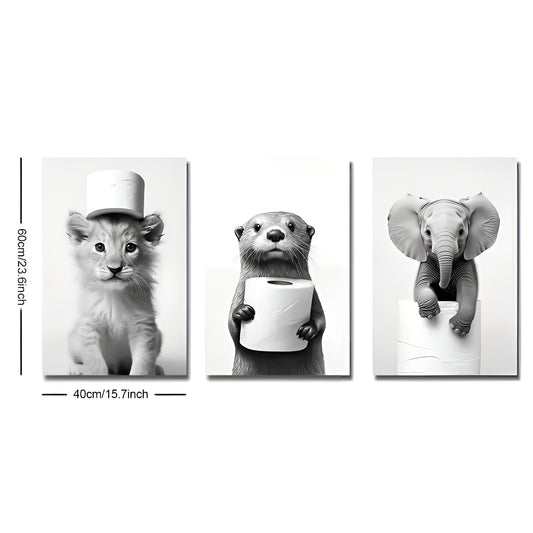 set of three black and white animal posters featuring lion and elephant