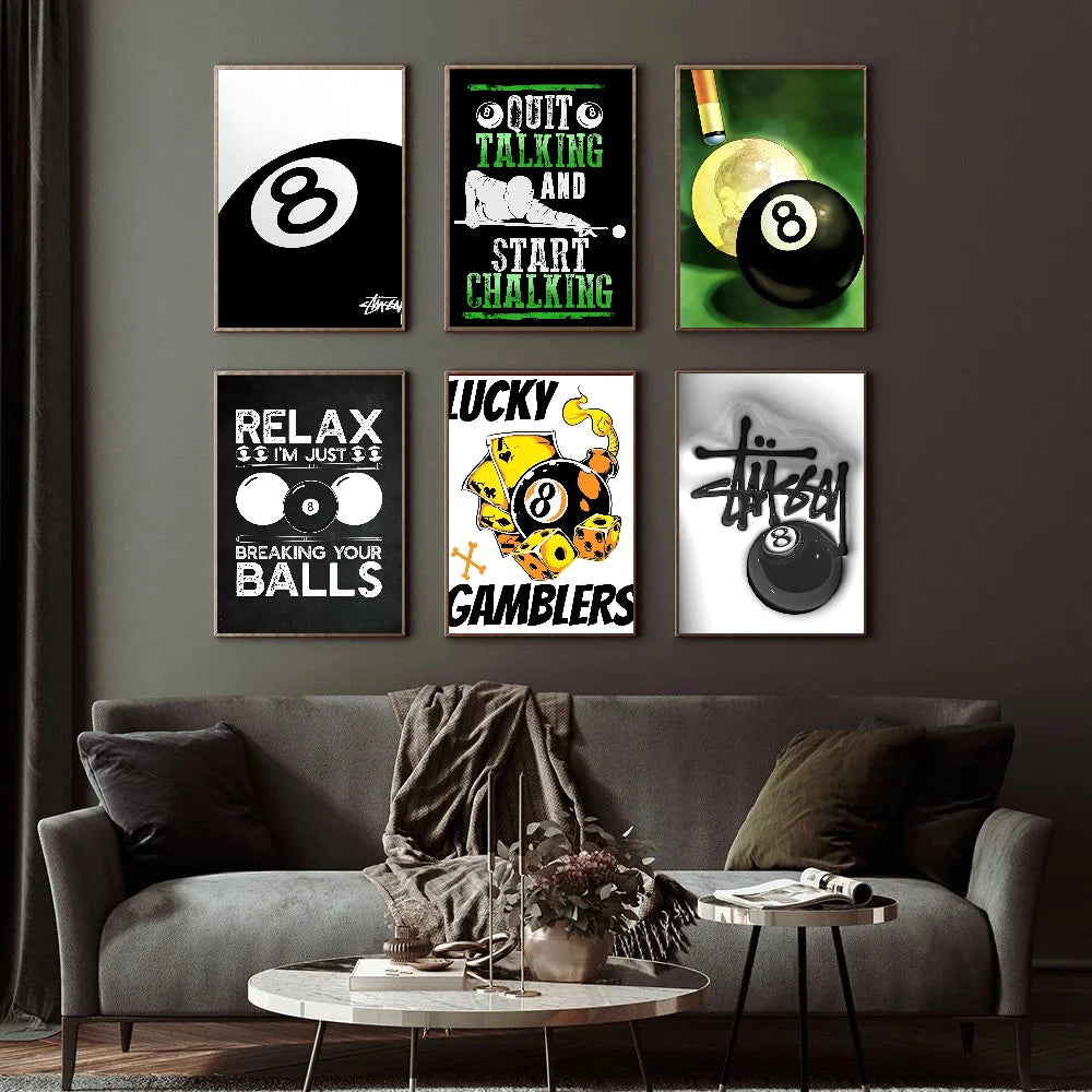 Black and white No.8 ball poster for home and bar wall decor