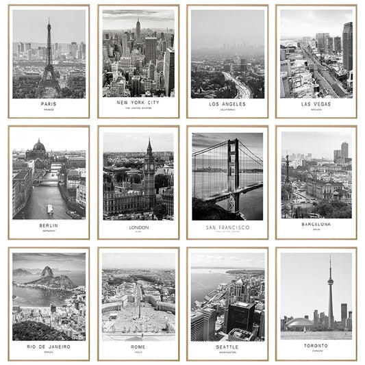 Black and white canvas painting of world city landscapes for modern home decor