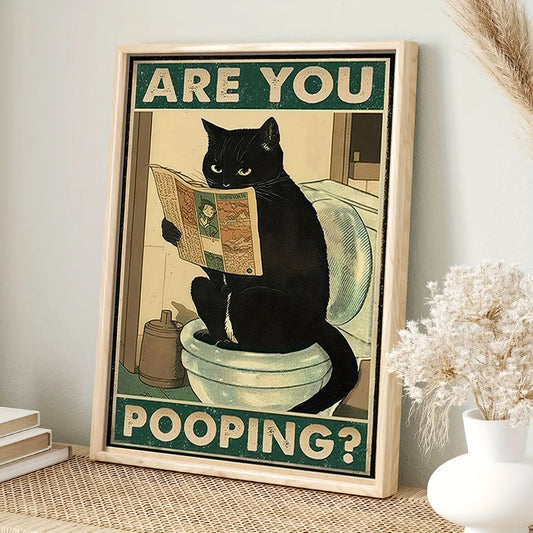 Funny black cat pooping poster with newspaper in bathroom