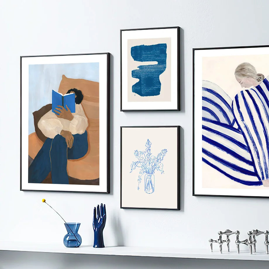 Blue striped girl reading book poster for hotel decor