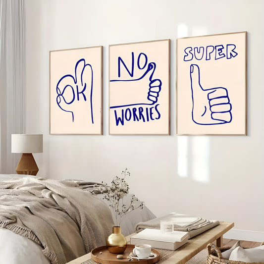 Minimalist hand gesture canvas art set for bedroom, office, and living room
