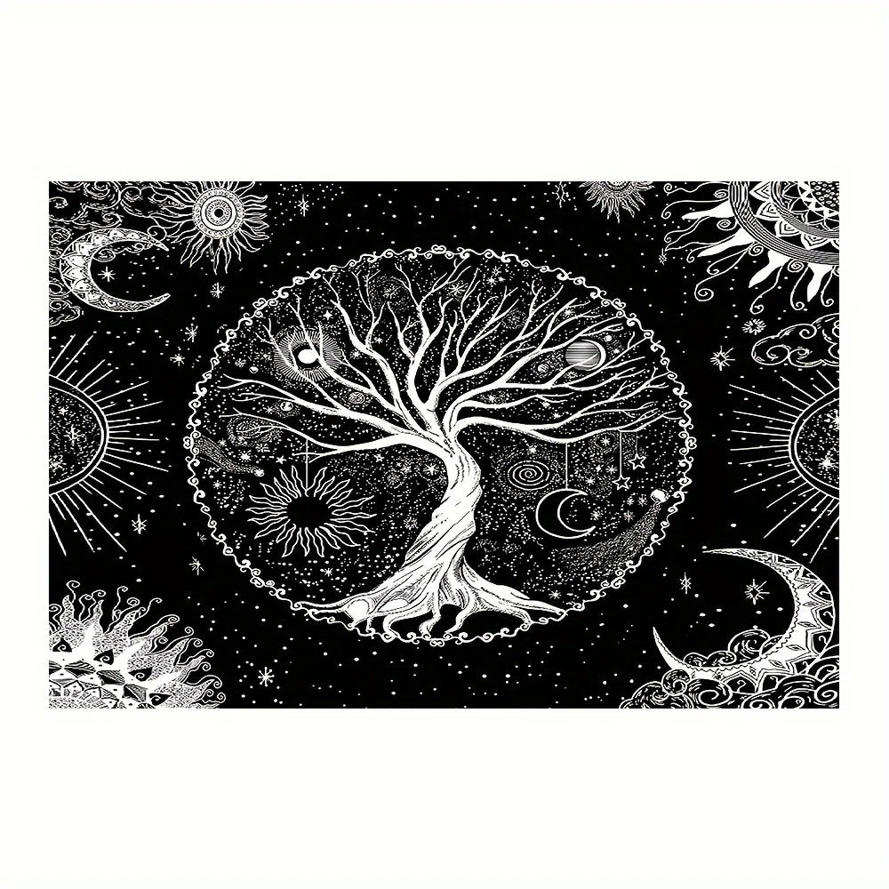 Bohemian style tree of life tapestry with sun and moon for bedroom or living room